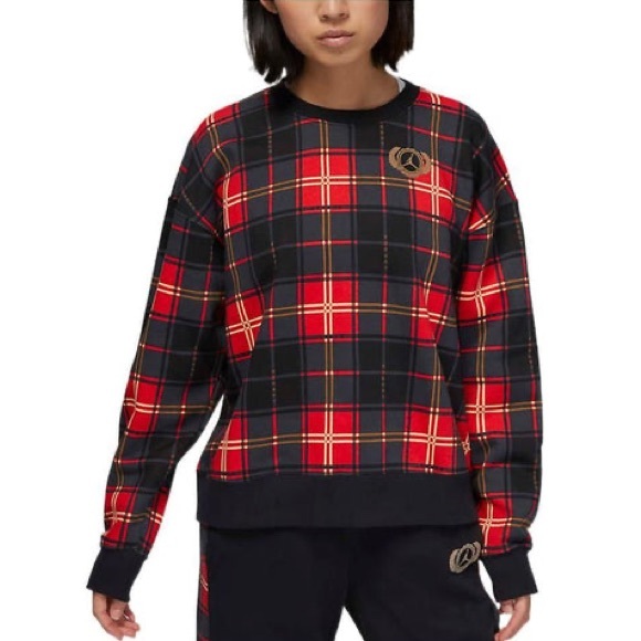 Jordan Brooklyn Plaid Fleece Crew Fire Red Dark Driftwood - Picture 2 of 5